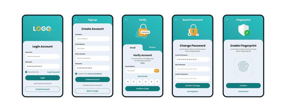 Mobile App UI Kit for Login, Signup, Verification, Password Reset, Fingerprint Authentication vector