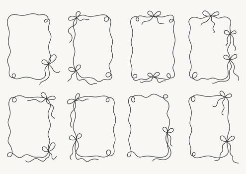 Set of ribbon frame outline. Minimalist hand drawn frames with bows and swirls. vector