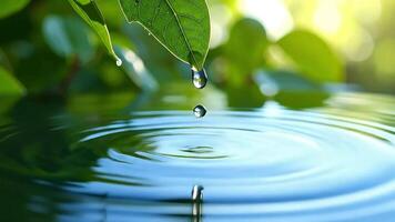 en enda kristall klar vatten släppa falls från de dricks av en färsk grön blad, skapande perfekt koncentrisk krusningar på de lugna, reflekterande yta av en damm video