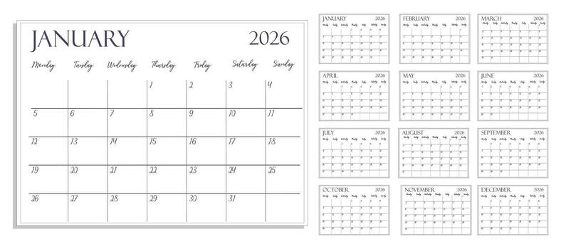 2026 monthly planner or calendar, clean and simple graphic design. Each month is on a separate page. vector