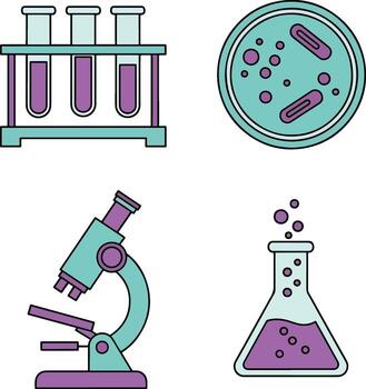flat design icons set for science and research, including test tubes, petri dish, microscope, and flask vector