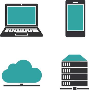 A collection of flat design technology icons. graphic set featuring a laptop, mobile phone, cloud storage, and data server for digital concepts vector