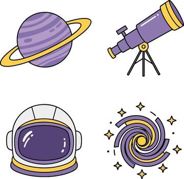 Flat design space and astronomy icon set with a ringed planet, telescope, astronaut helmet, and galaxy graphic for educational or digital projects vector