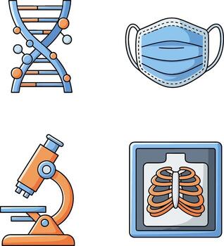 Flat design icons for medical science. This set includes DNA, a protective face mask, a laboratory microscope, and an X-ray, perfect for healthcare and educational graphics vector