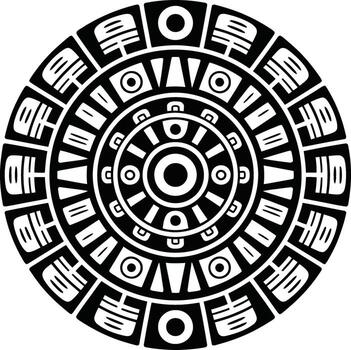 Intricate circular aztec calendar symbol design with geometric patterns silhouette vector