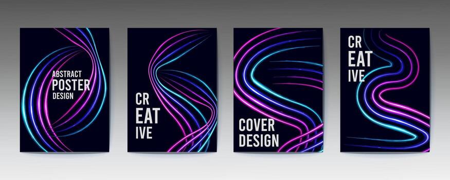 Abstract poster design template with glowing colorful lines on dark background vector