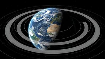 dinamico terra globo nel buio spazio con astratto concentrico anelli, simboleggiante globale Rete e tecnologia. video