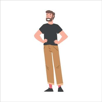 Positive Bearded Man Character Standing Having Hands on Hips with Smiling Face Feeling Euphoric and in High Spirits Illustration vector