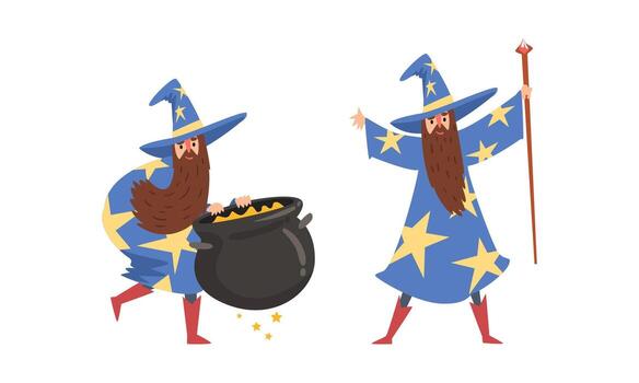 Sorcerer in Pointed Hat and Starry Gown Practicing Wizardry and Witchcraft with Magic Stick and Cauldron Set vector