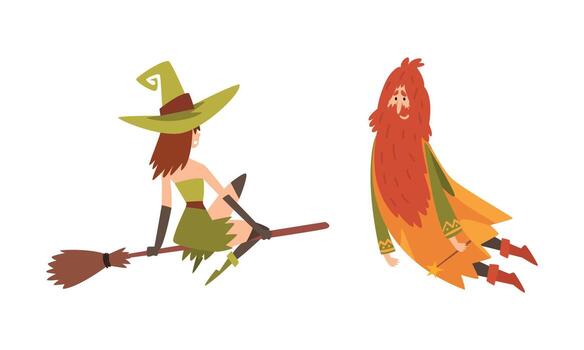 Sorcerer in Pointed Hat Practicing Wizardry and Witchcraft Flying on Broomstick and with Magic Wand Set vector