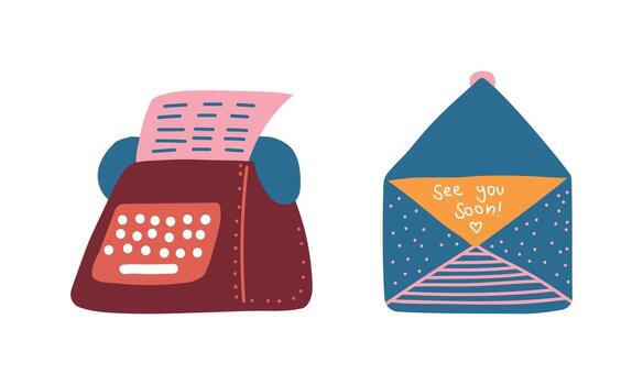 Typewriter with Paper and Open Envelope with Letter as Postal Symbol Set vector