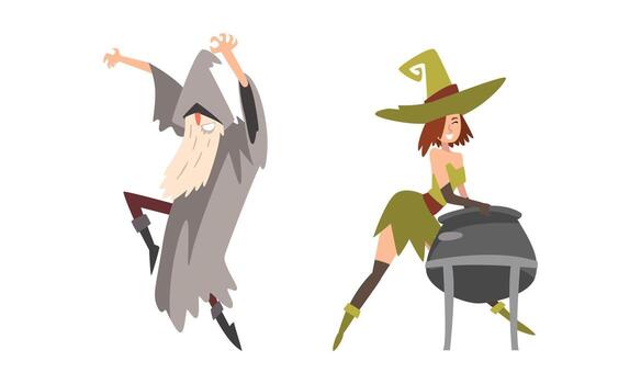 Sorcerer in Pointed Hat Practicing Wizardry and Witchcraft Boiling Poison in Cauldron Set vector