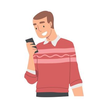 Man Character Receiving Good News Reading Message and Smiling Happily Illustration vector