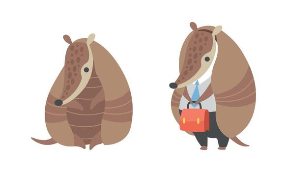 Cute Armadillo Character with Armor Shell Sitting and Standing in Office Suit with Briefcase Set vector