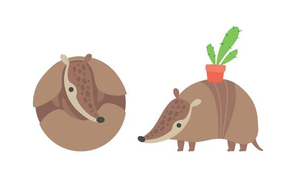 Cute Armadillo Character with Armor Shell Curled Up and Carrying Cactus in Pot on His Back Set vector
