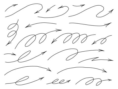 Hand drawn thin line dynamic arrows set. Design elements isolated on white background. vector