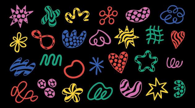 Set of hand drawn various shapes and doodles. Abstract elements isolated on a black background. Abstract design elements collection. vector