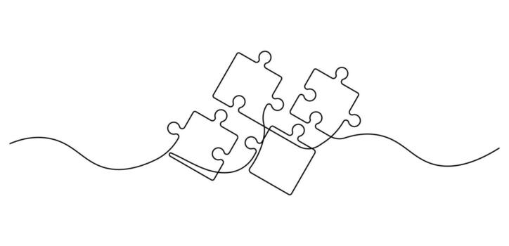 Continuous Line Art of Four Connected Puzzle Pieces. A Minimalist Illustration Symbol of Teamwork, Collaboration, and Unity vector