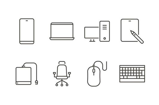Digital devices icon set. Thin line editable stroke icons for computer tools, creative hardware, peripherals, workstations, mobile gear, and office technology vector