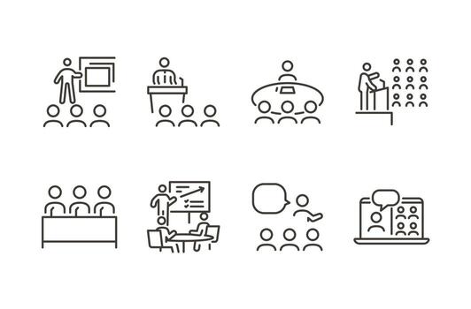 Presentation icon set. Thin line editable stroke icons for public speaking, panels, keynote, live conferences, speeches, discussions, communication and educational events vector
