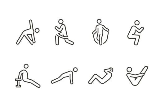 peso corporal aptitud icono colocar. Delgado línea editable carrera íconos para entrenamientos, fuerza capacitación, extensión, cardio rutinas, hogar ejercicios, núcleo capacitación, y funcional movimiento vector