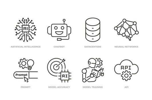 AI machine learning icon set. Thin line editable stroke icons for artificial intelligence, chatbot, neural networks, training models, prompts, accuracy, and API integration vector