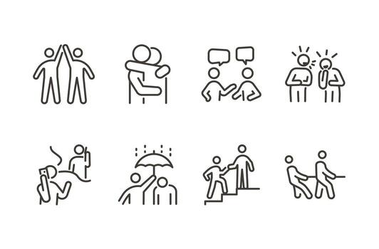 Empathy and friendship icon set. Thin line editable stroke icons for connection, emotional support, teamwork, communication, relationships, trust, and social interaction vector