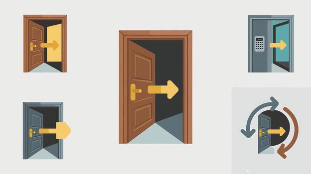 Open doors with directional arrows showing exit vector