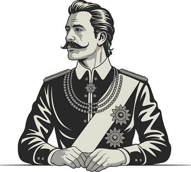 Victorian gentleman in military uniform with sash royal character vector