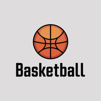 Art of a stylized, modern graphic featuring a basketball with bold black lines and text that reads basketball below it, set against a neutral gray background vector