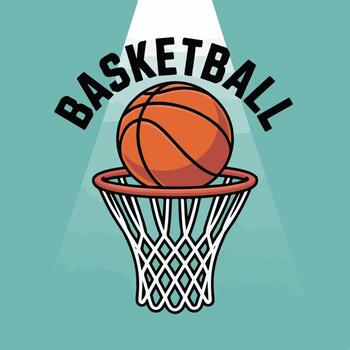 Art of a basketball rests on the rim of a net, with the word basketball arched above, set against a teal background with a spotlight effect vector