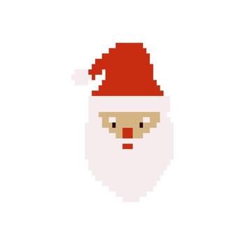 Retro pixel art Santa Claus icon in red hat with white beard Retro 8bit game style Xmas isolated on white background vector