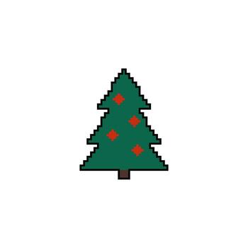 Pixel art Christmas tree with red decorations Retro 8bit game style Xmas vector