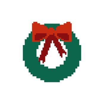 Festive pixel art Christmas wreath with red bow Retro 8bit game style Xmas icon isolated on white background vector