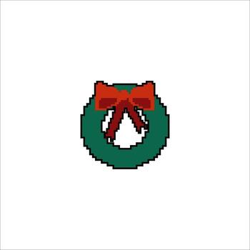Festive pixel art Christmas wreath with red bow Retro 8bit game style Xmas icon vector