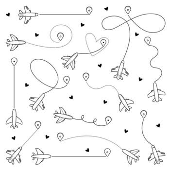 Airplane routes set, various plane paths shapes collection, flight tracking lines with destinations. Black outline and dotted signs, aircraft trips in many variations vector