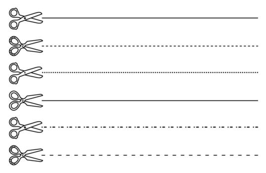 Scissors line cutter set, black stroke shears with cutting lines bundle. Cut lines across paper pages, monochrome collection in various styles and shapes vector