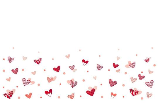 Background falling hearts below, red and pink decorative confetti with different patterns. The upper part is free and convenient for adding text vector