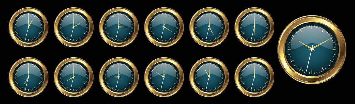 Set of luxury green clock with golden frame, notifying each hour vector