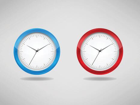 White wall clock with blue and red frame, abstract clock vector