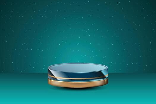 Front view of transparent podium glassware decorated in green background with blank space vector