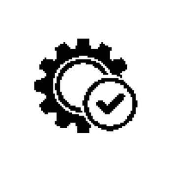 pixelado engranaje con cheque marca ilustrando exitoso ajuste configuración o proceso terminación vector