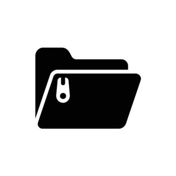 Black folder icon representing data compression and file archiving with zipper graphic vector