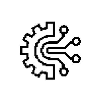 Gear circuit board pixel art concept representing technology and engineering advancements with precise detail and simple design vector
