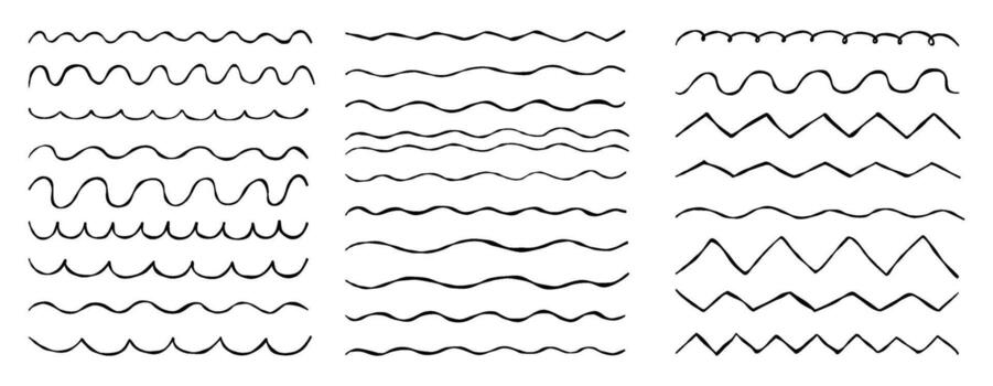 Corrugated Waves. Line doodle textured hand-drawn set. Isolated zigzag, Wave ornament pattern, horizontal underline, wavy, billowy, thin line background. Not AI vector