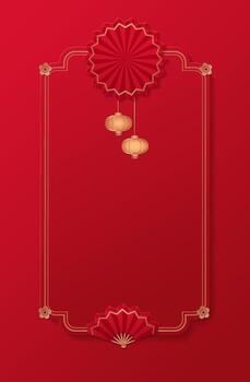Chinese new year empty vertical frame template for product demonstration with parasol, lanterns, fan and plum flowers in paper cut style. Luxury background. vector