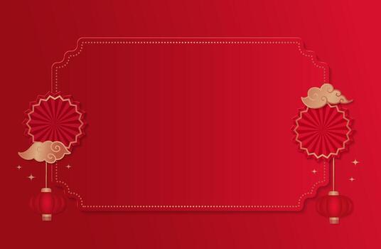 Chinese new year 2026 empty background with place for text. Red backdrop for show product. Greeting card template. China frame with lantern and gold clouds on red background. vector