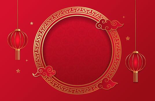 lujoso papel cortar vacío redondo marco para chino nuevo año. resumen 3d sangrado circulo con nubes y brillante rojo linternas marco con asiático dorado modelo. festivo asiático cubrir. eps 10 vector