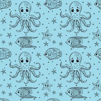 Seamless pattern with octopuses, starfish and fish. Characters in a kawaii style. contour elements on a blue background. Sea pattern. illustration vector