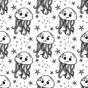 sin costura modelo con Medusa y estrella de mar. caracteres en un kawaii estilo. contorno elementos en un azul antecedentes. mar modelo. ilustración vector